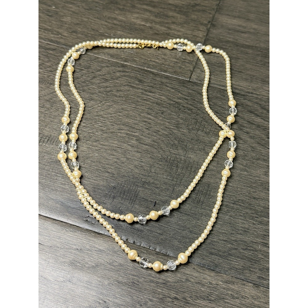 Monet Necklace Petite Faux Pearl Gold Tone Beaded LONG Layering VIntage‎ Jewelry